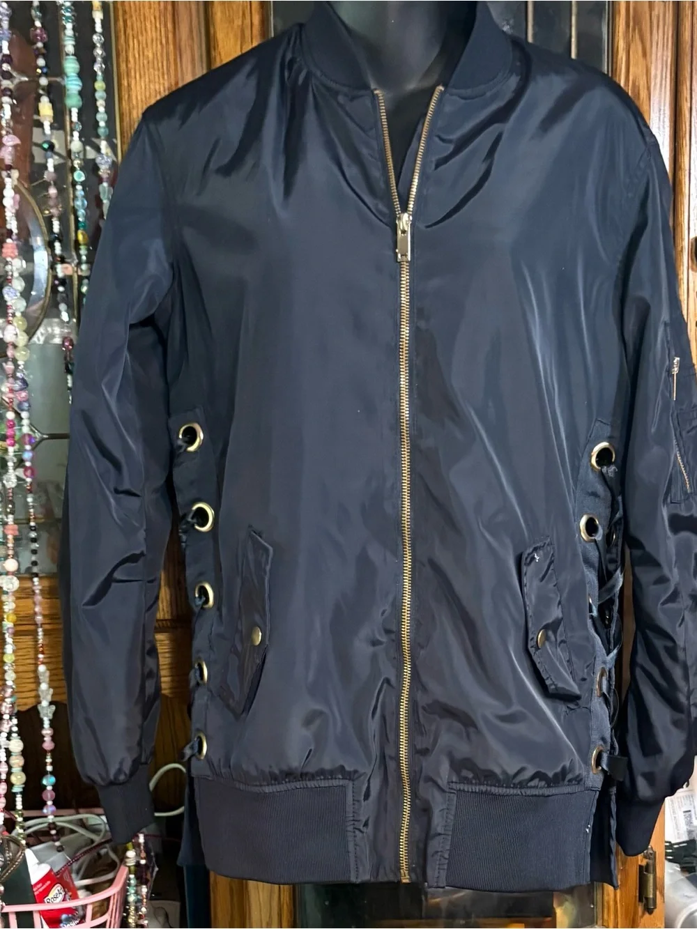 Ci Sono bomber jacket lace-up side design oversized metal grommets  blue small - Picture 2 of 10